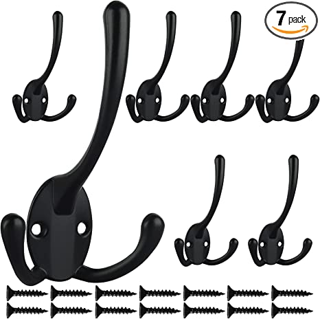 7 Pack Big Heavy Duty Three Prongs Coat Hooks Wall Mounted with 14 Screws Retro Double Utility Rustic Hooks for Thick Coat, Big Heavy Bag
