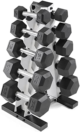 WF Athletic Supply 5-25Lb Rubber Coated Hex Dumbbell Set with A Frame Storage Rack Non-Slip Hex Shape for Muscle Toning, Strength Building & Weight Loss - Multiple Choices Available