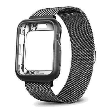 OROBAY Compatible with iWatch Band Case 38mm, Stainless Steel Magnetic Mesh Milanese Loop Band with Soft TPU Case Compatible with iWatch Series 3 Series 2 Series 1, Space Gray
