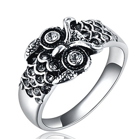 [Eternity Love] Women's 316L Stainless Steel Timeless Vintage Owl CZ Crystal Ring Best Promise Rings for Her Anniversary Cocktail Bands TIVANI Valentine's Day Gifts