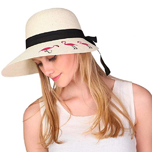 Womens Floppy Sun Beach Hat Flamingo Foldable Wide Brim Visor Straw Sun Hat UPF 50  One Size Fits Most