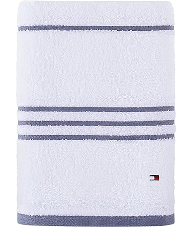 Tommy Hilfiger Modern American Stripe Bath Towel, 30 X 54 Inches, 100% Cotton 574 GSM (White/Steel Grey)