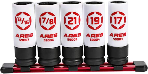 ARES 59000-5-Piece 1/2-Inch Drive Non-Marring Lug Nut Socket Set - Protective Sleeves and Inserts Prevent Damage to Wheels and Lugs - Storage Rail Included