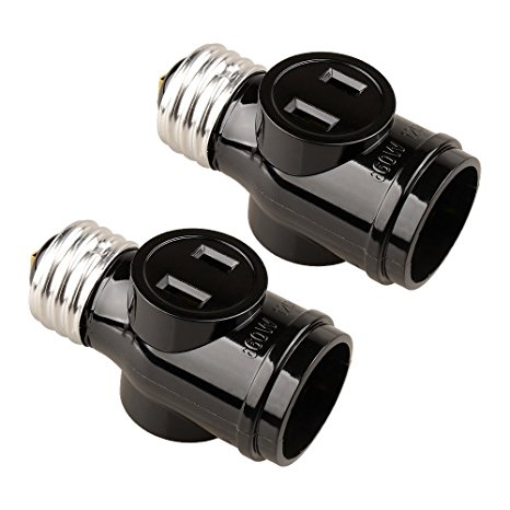 Onite 2 PCS of E26 to E26 US Standard Screw Light Holder with Two Outlet Socket Adapter, Black