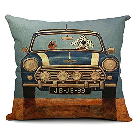 18''X 18'' Driving Dogs Cotton Linen Decorative Throw Pillow Cover Cushion Case