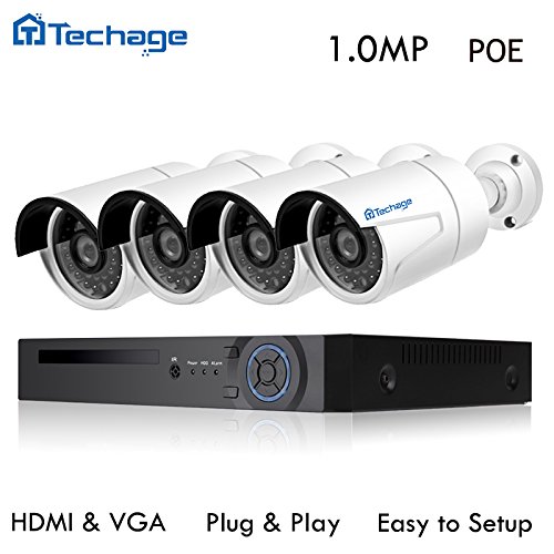 Techage Full HD 720P POE CCTV Security Camera System 4CH NVR 2400TVL 1.0mp IP Camera Outdoor/Indoor Waterproof Night Vision Security Surveillance Kit, Smartphone View Without Hard Drive
