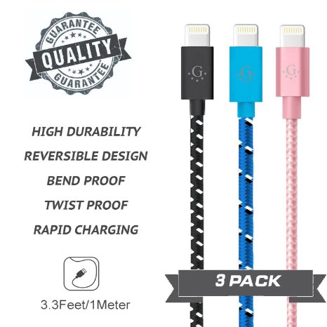 Go Beyond Nylon Braided Series 3ft 8pin USB Charge and Sync Cable for iPhone SE/5/6/6s/Plus/iPad Mini/Air/Pro (Black Blue Rose Nylon, USA Seller, Compatible with new iOS)
