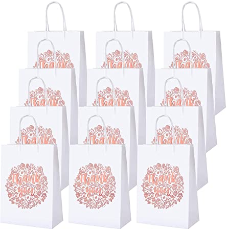 Cooraby 20 Pieces Thank You Gift Bags Rose Gold Bronzing Paper Bags with Handle White Party Bags for Shopping Wedding Birthday, Party Supplies