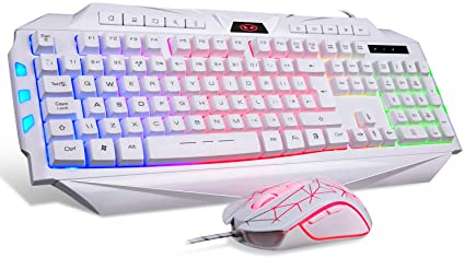 Gaming Keyboard and Mouse Combo White for PS4 LED Rainbow Keyboard USB Wired Computer Keyboard and Mouse Set Seven Colors Breathing LED Mouse for PC Laptop PS4 {UK Layout}