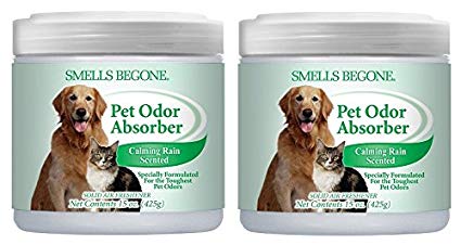Smells Begone Air Freshener Pet Odor Absorber Gel - Made with Natural Essential Oils - Absorbs and Eliminates Odor in Pet Areas, Bathrooms, Cars, Boats (15 Ounce) (Pet Calming Rain Scent 2 Pack)