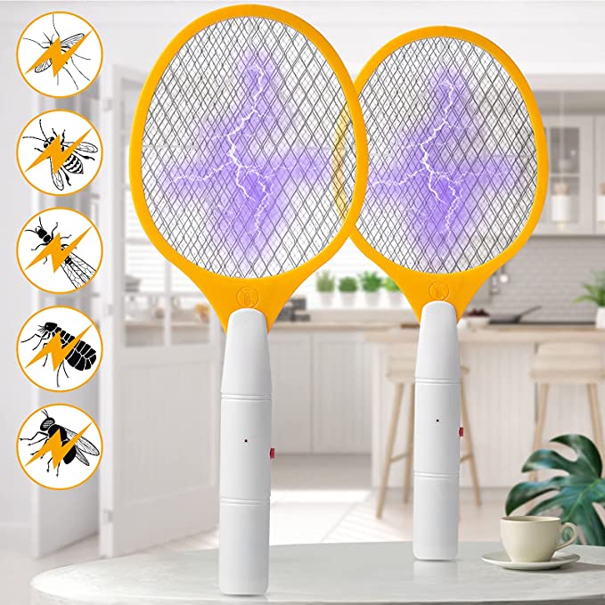 Allinall Bug Zapper,Electric Fly Swatters Mosquito Zapper Indoor Outdoor Battery Powered Bug Zapper Racket Mosquito Killer Handheld Insect Fly Trap for Home Bedroom Kitchen Backyard(Yellow,2 Pack)
