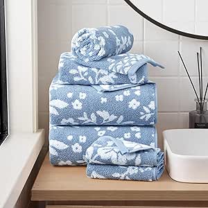 Lucky Brand Folk Floral 6 Piece Bath Towel Set - (2) Bath Towels, (2) Hand Towels, and (2) Washcloths - Dusty Blue Premium Bathroom Towel Set