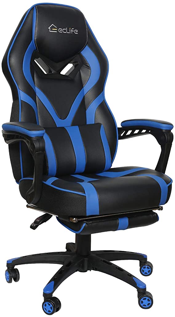 eclife Gaming Chair Office Computer Chair Game Video Chair High Back Ergonomic Backrest Seat Adjustable Swivel Task Chair E-Sports Chair with Lumbar Support and Footrest (OF-D02, Blue)
