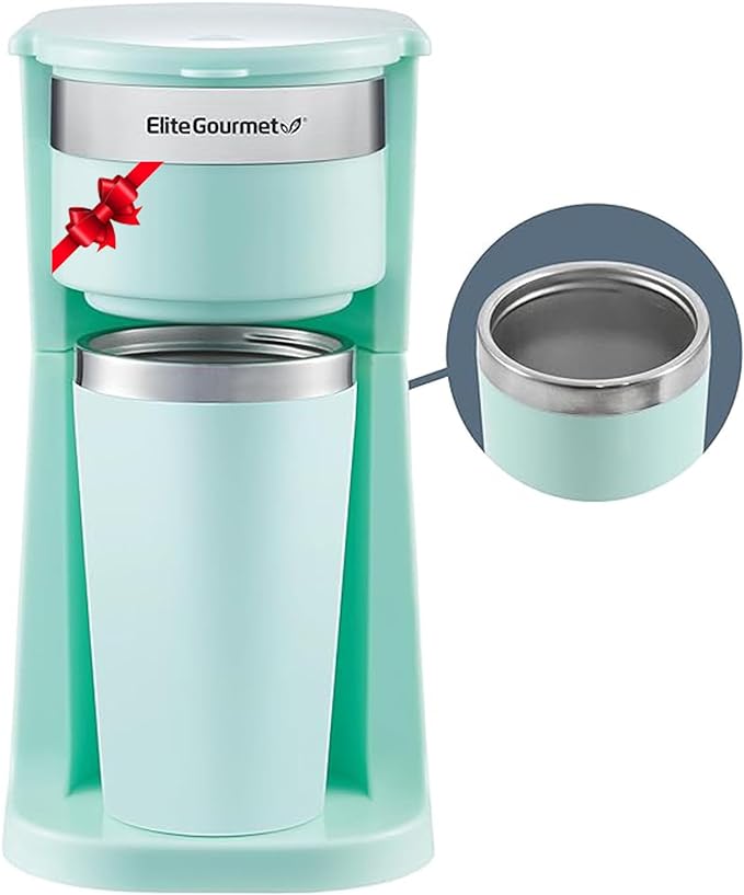 Elite Gourmet EHC117M Personal Single-Serve Compact Coffee Maker Brewer Includes 14Oz. Thermal Travel Mug with Stainless Steel Interior, Compatible with Coffee Grounds, Reusable Filter, Mint