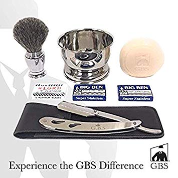 GBS Men's Beard Shaping & Barber Shaving Kit - Gift Box, Stainless Barber Interchangeable Blade Shavette, Pure Bristle Brush, Chrome Bowl   Safety Blades and Soap Perfect Old School Wet Shave