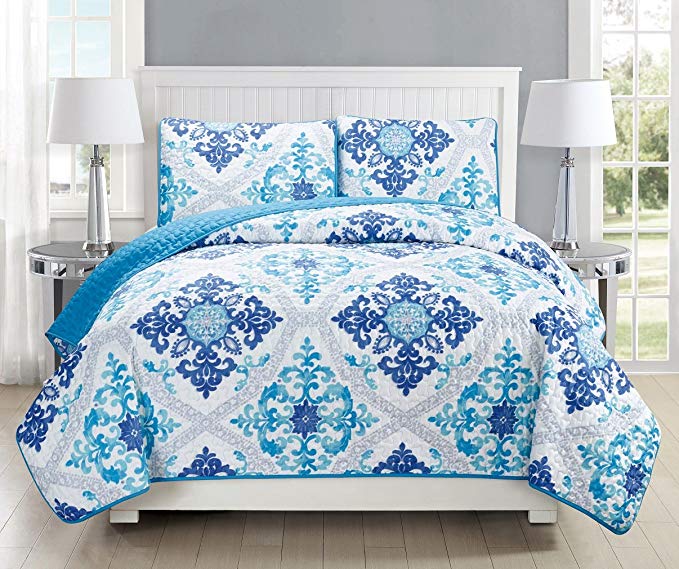 GrandLinen 3-Piece Fine printed Quilt Set Reversible Bedspread Coverlet (Double) FULL SIZE Bed Cover (Turquoise, Blue, White, Grey, Navy)