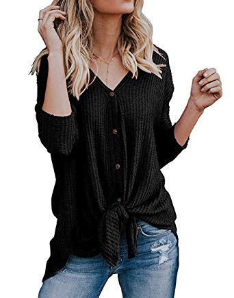 Womens Waffle Knit Tunic Blouse Front Tie Knot Henley Tops Button Down Knitting Cardigan Batwing Plain Shirts