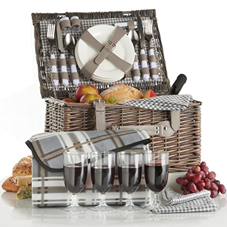 VonShef Deluxe 4 Person Traditional Wicker Picnic Basket Hamper with Cutlery, Plates, Glasses, Tableware & Fleece Blanket - Grey Gingham