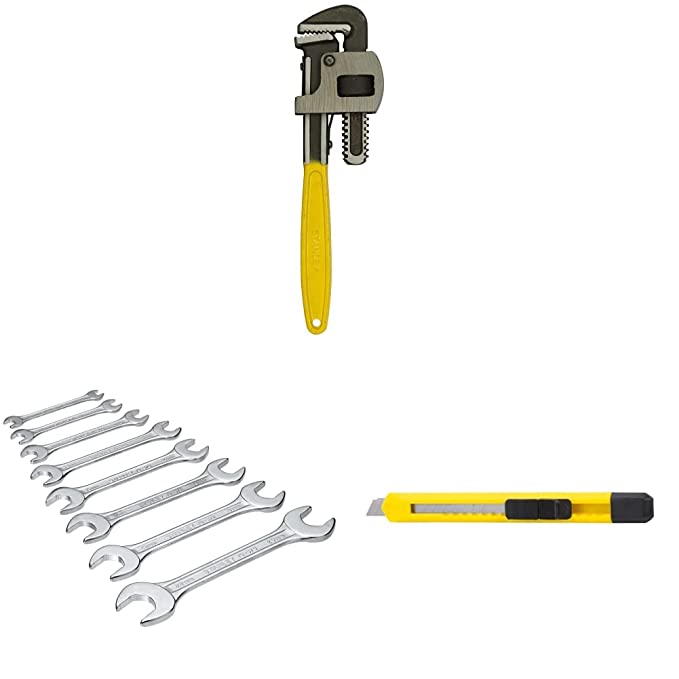 STANLEY 71-642 12''/300mm Stilson Type Pipe Wrench&STANLEY 70-379E Matte Finish Double Open End Spanner Set 8-Piece Set Chrome&STANLEY 10-131-S Basic Snap-off Blade Knife 9 mm