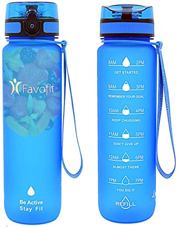 Favofit 32 oz / 1 Liter Motivational Sports Water Bottle with Time Marker, Fruit Infuser Filter and Cleaning Brush, BPA-Free Tritan Plastic, 1 Click Open