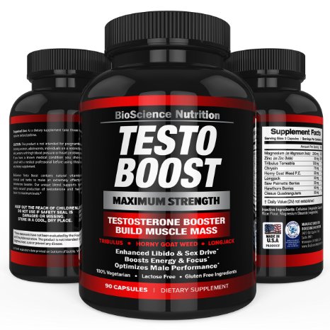 TESTOBOOST Testosterone Booster Supplement | Potent & Natural Herbal Pills | Boost Men Muscle Growth, Sex Drive, Energy | Tribulus, Horny Goat Weed, Hawthorn, Zinc, Minerals | BioScience Nutrition USA