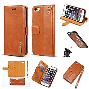 For iPhone 6S Plus Leather Case,DG.MING Genuine Cowhide Leather Folio Flip Wallet Case Ultra Thin Built-in Magnetic Pickup Detachable SlimCase Cover for iPhone 6/6s plus with Hand Strap (Brown)
