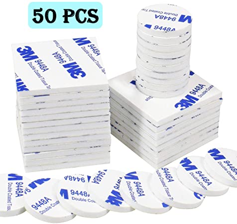 50 Pcs Double Sided Sticky Pads, Self Adhesive Pads Strong Foam Pads Mounting Pads for Walls, Floor, Door, Plastics, Glasses and Metals (White)