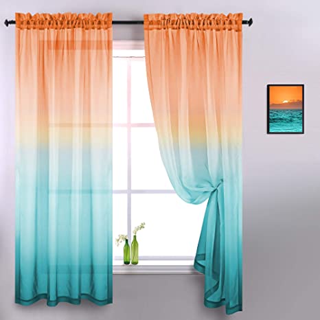 Burnt Orange Living Room Curtains 84 Inch Length Set Rod Pocket Window Sheer Colorful Summer Tropical Hawaiian Curtains for Bedroom Fall Home Decor Kitchen Bathroom Sliding Glass Pumpkin Sea Turquoise