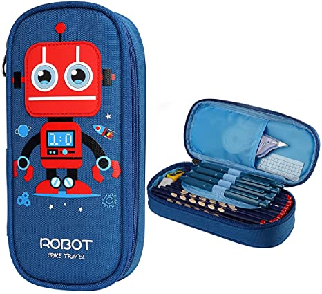 Cute Cartoon Pencil Case for Kids, Big Capacity Canvas Kawaii Pencil Pouch with Zipper, Waterproof & Durable Compartment Large Storage Pencil Bag for Girls Boys in School (Blue - Robot)