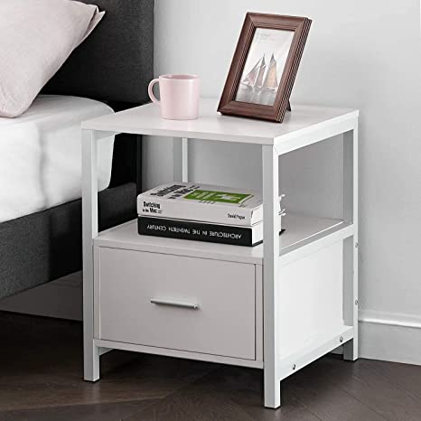 VECELO Nightstand with Drawer and Open Shelf Modern Square End Side Table for Storage in Bedroom, Living Room, Small Space, Stable Metal Frame, 1 Pack, White