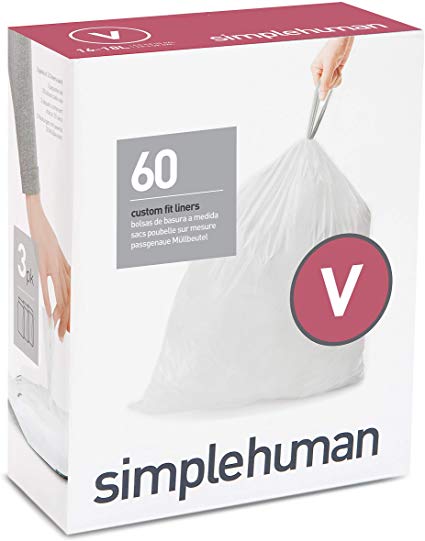 simplehuman Code V Custom Fit Drawstring, 16-18 Liter / 4.2-4.8 Gallon, 3 Refill Packs (60 Count) Trash Bag, 60 Pack, White