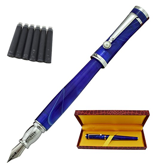 Fuliwen 2037 Blue Fountain Pen Fine Nib Size , Swirl Celluloid with 6 PCS Jinhao Black Standard Ink Cartridges Gift Box Set Business Collection set