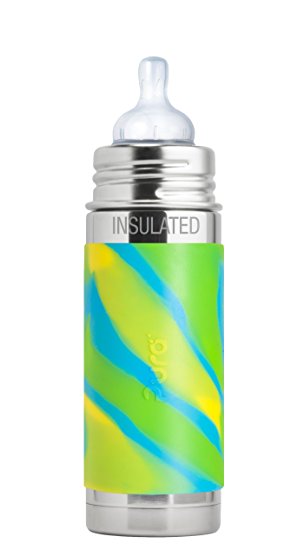 Pura Kiki 9 Oz / 260 Ml Stainless Steel Insulated Infant Bottle With Silicone Medium-flow Nipple & Sleeve, Aqua Swirl (plastic Free, Nontoxic Certified, Bpa Free)
