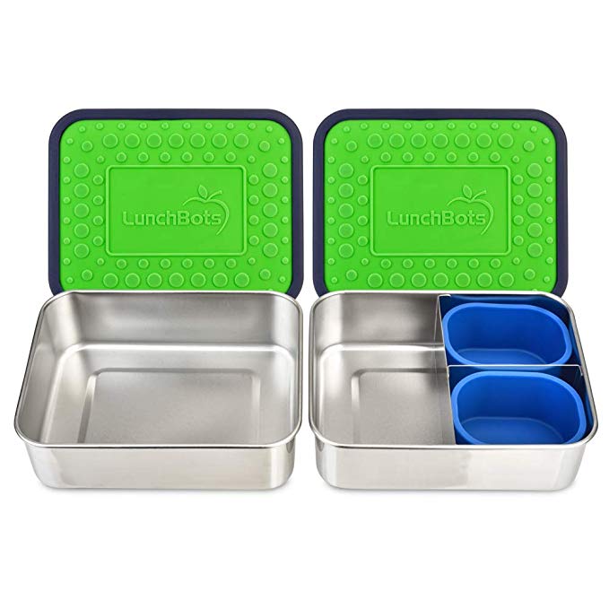 LunchBots Lite Bento Box Lunch Bundle – Includes Two Bento Boxes - One Section and Three Section Stainless Steel Containers and Silicone Cups - Eco-Friendly, Dishwasher Safe, BPA-Free - Green