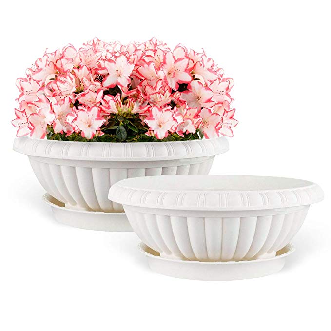 Mkono 2 Pack Plastic Planter Bowl 12 Inches Plant Pots with Saucers, Beige