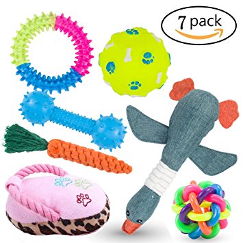 Dog Toys, 7 Pack Gift Sets for Dogs Including 3 Molar Toy 2 Squeak Plush Dog Toys and 2 Dog Balls