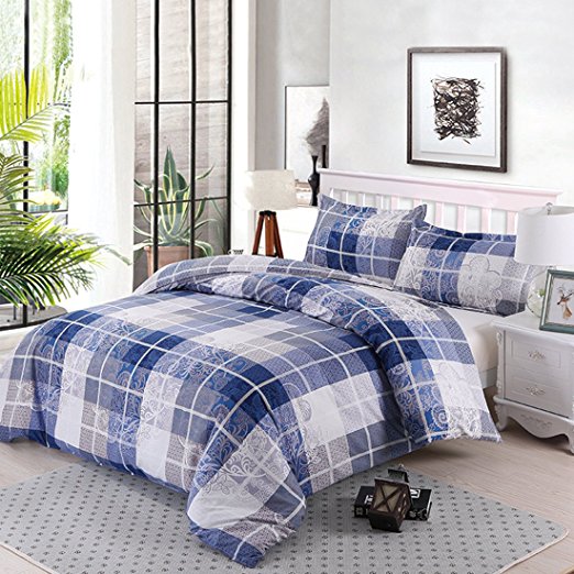Duvet Cover Set Plaid Pattern Nanko Lightweight Printed Microfiber Luxurious Comfortable Breathable Soft & Extremely Durable Queen (90"x90") 3 piece Blue White