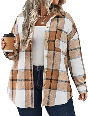 IN'VOLAND Women's Plus Size Flannel Plaid Shacket Long Sleeve Button Down Flannel Shirts Casual Jacket Coats