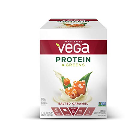 Vega Protein & Greens Salted Caramel (12 Count, 1.1oz) - Plant Based Protein Powder, Gluten Free, Non Dairy, Vegan, Non Soy, Non GMO