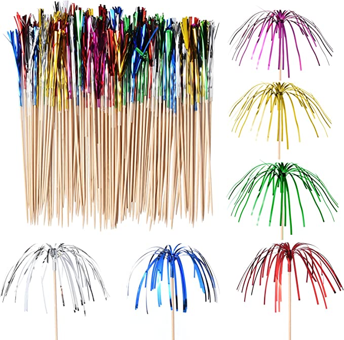 ALINK 100-Pack Firework Cocktail Picks, Cupcake Toppers Drink Appetizer Toothpicks for Tropical Luau Hawaiian 4th of July Party Decorations