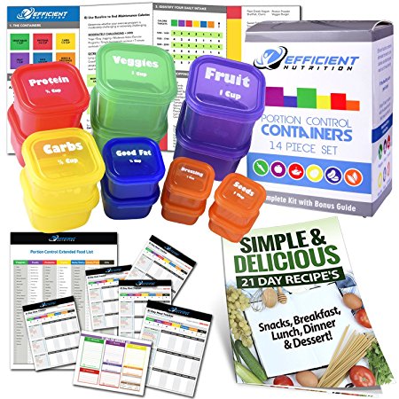 21 Day LABELED Efficient Nutrition Portion Control Containers Kit (14-Piece)   COMPLETE GUIDE   21 DAY PLANNER   RECIPE eBOOK, BPA FREE Color Coded Meal Prep System for Diet and Weight Loss