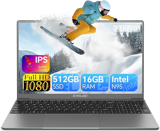 TECLAST F16Pro PC Portatile 15,6 Pollici FHD, 16GB RAM 512GB SSD, Intel N95 Notebook(fino a 3.4Ghz), Tastiera Retroilluminata Computer Portatile, WiFi 6/BT 5.0, HDMI, Type C, USB3.0, Laptop 2024