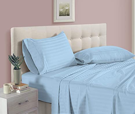 aashirainwear Light Blue Stripe Full-XL Size Ultra Soft Natural 4 PCs Bed Sheet Set 16" Deep Elastic All Round 100% Cotton 400-Thread-Count Extremely Stronger Durable by Aashi