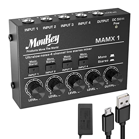 Moukey Ultra Low-Noise 4-Channel Line Mixer for Sub-Mixing, DC 5V 4-Stereo Mini Audio Mixer, Ideal for Small Clubs or Bars. As Microphones, Guitars, Bass, Keyboards or Stage Mixer-MAMX1