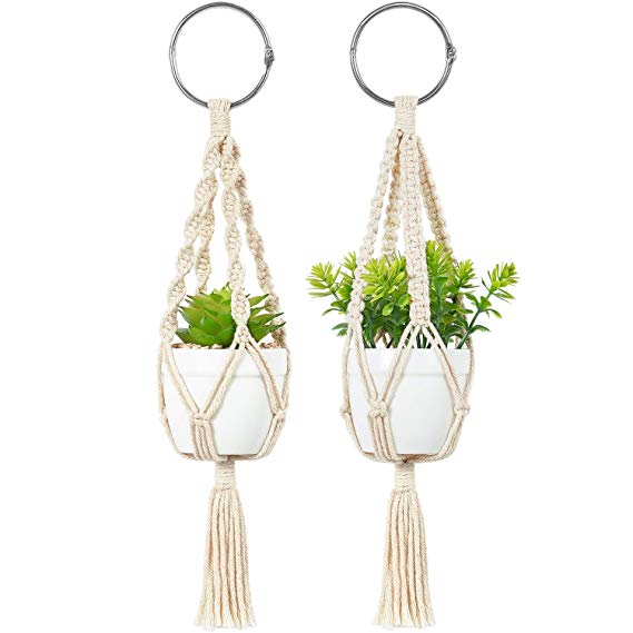 Mkono Mini Macrame Plant Car Hanging 2 Pcs Handmade Rear View Mirrior Charm Car Decorations Boho Hanging Planter with Pot and Plant for Car Home Decor Unique Mother Day Gift,10.5-Inch,White