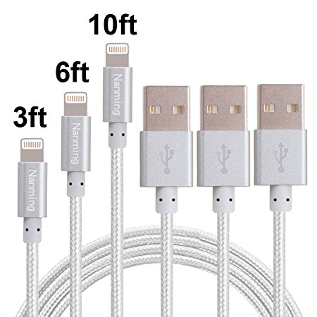 3Pcs 3ft 6ft 10ft Extra Long Nylon Braided Charging Cable Cord 8-Pin Lightning to USB Cable Charger Compatible with iPhone 7/ 7 Plus/6/6s/6 plus/6s plus, iPhone 5/5s/5c,iPad, iPod,iPod(Silver)