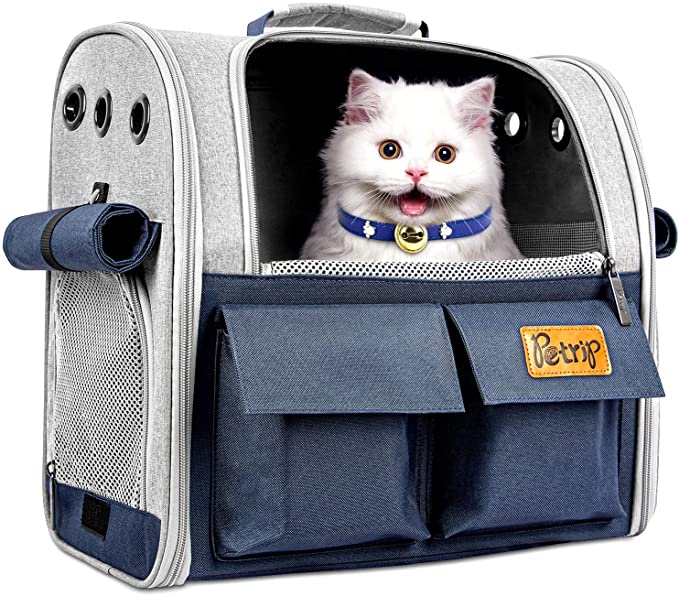 Petrip Cat Carrier Backpack, Large Pet Carrier Backpack for Cats and Dogs up to 22 Lbs, Airline-Approved Breathable Cat Bag for Travel, Hiking and Outdoor Use(Blue)