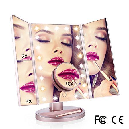 RioRand Lighted Makeup Mirror 21 LED Lighted Tri-Fold Mirror with Touch Screen and 180° Adjustable Stand