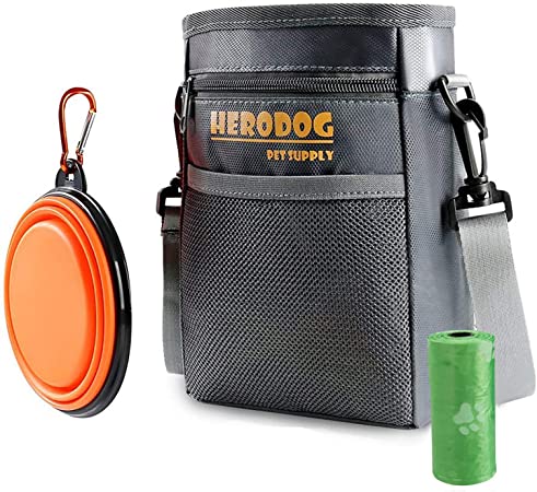 Hero Dog Treat Training Pouch Bag(Small Large Pets) - Dual Compartments Carry Toy Kibble,Treats - with Poop Bag,Collapsible Bowl - Build-in Waste Bag Dispenser Grey