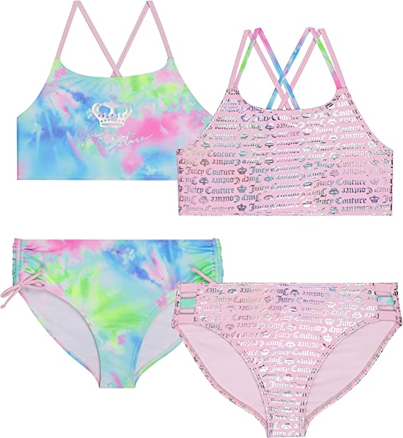 Juicy Couture Girls 4 Pack Two Piece Bikini Swimsuit Set, Kids Bathing Suit Swimwear Bikinis - Tie Dye, Ombre, Metallic